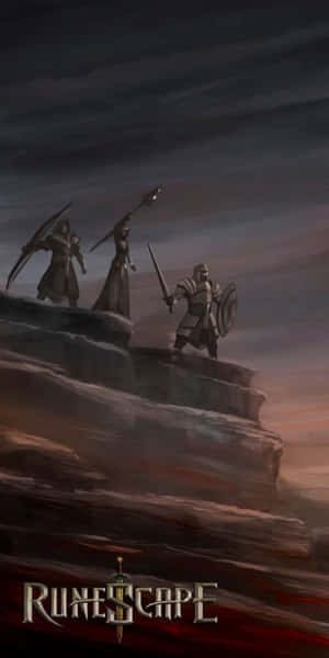 三位奇幻戰士在黃昏時分的懸崖上，手持武器準備戰鬥。