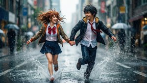 兩個動漫青少年在雨中奔跑濺水，手牽手在城市街道上