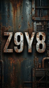 鏽蝕金屬字母 Z9Y8 在風化的工業門上，帶有螺栓和剝落的油漆。