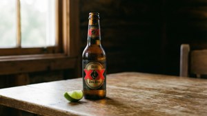 冰凍Dos Equis啤酒瓶配青檸角，窗邊木桌上。