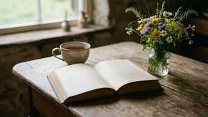 打開的書 茶杯 野花 木桌 窗邊