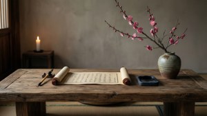 傳統亞洲靜物畫，木桌上有梅花、卷軸和蠟燭。