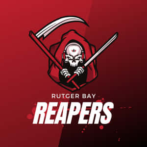 戴紅色連帽的頭骨，手持鐮刀和劍，文字為「Rutger Bay Reapers」。