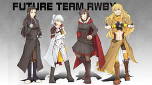 來自 Future Team RWBY 的四個動漫角色穿著精細服裝，手持武器擺姿勢。
