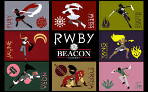 六個RWBY動漫角色在Beacon Academy標誌周圍擺出戰鬥姿勢。