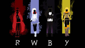 四個動漫角色在不同顏色的面板中，下方有 RWBY 字母。