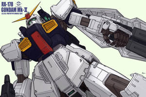 RX-178高達MK-II機動戰士，動漫風格，帶有白色、黃色和紅色點綴。