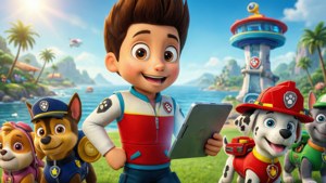 Ryder 和他的 Paw Patrol 小狗在燈塔附近的熱帶環境中