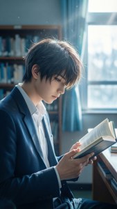 身穿海軍藍西裝外套的年輕人在陽光照射的窗邊在圖書館閱讀書籍，空氣中飄浮著灰塵微粒