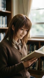 年輕女性在安靜的圖書館裡，窗戶透進陽光，正在閱讀一本書