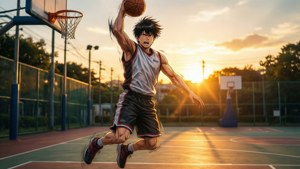 年輕男性籃球運動員在日落時分的戶外球場上跳起入樽