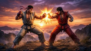 兩名武術家在日落時分於山上對拳，伴有能量爆炸