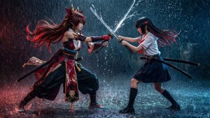 兩個動漫角色在大雨中於濕漉漉的街道上持劍戰鬥。