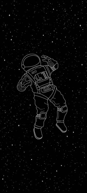 太空人在星空漂浮，白色輪廓線條，黑色背景。