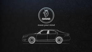 深色紋理背景上的Saab汽車剪影，附有標誌和標語。