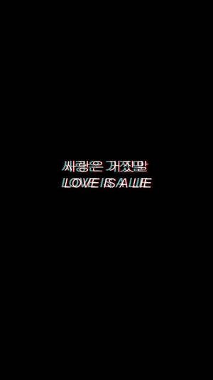 韓文和英文的故障文字，在黑色背景上寫著 love is a lie。