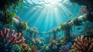 水下場景，有珊瑚礁、魚類和覆蓋著藤蔓和海洋生物的大型透明管道