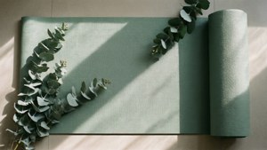 鼠尾草綠色瑜伽墊與尤加利樹枝及陽光投射的陰影