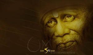 寧靜的Shri Sai Baba肖像，帶有靈性文字和金色燈光。