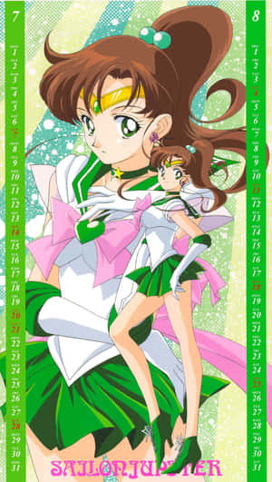 Sailor Jupiter 身穿綠色和白色的水手服，旁邊有一個較小的自己。 — 美少女戰士 壁紙