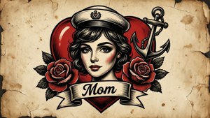 一個復古紋身插圖，一位戴水手帽的女性，有玫瑰和錨，橫幅寫著「Mom」。