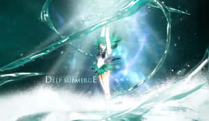 Sailor Neptune 喺水中場景，帶有發光嘅青綠色同白色光效 — 美少女戰士 壁紙