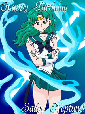 Sailor Neptune 穿著水手服，交叉雙臂，站在藍色能量漩渦背景前。 — iPad 第9代 壁紙