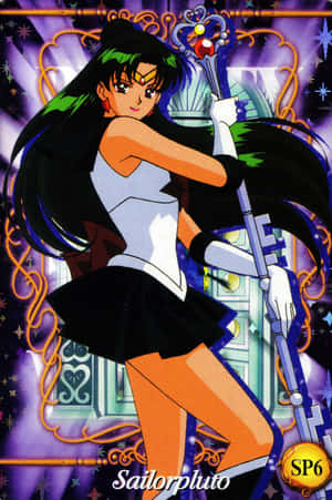 Sailor Pluto 穿著標誌性服裝，在星空宇宙背景下手持權杖。 — Oppo Pad 壁紙