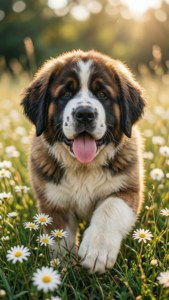 一隻聖伯納幼犬在陽光下奔跑於雛菊花田