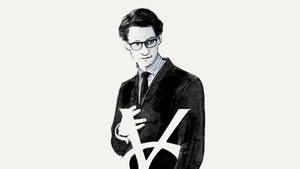 戴眼鏡穿西裝的男士在淺色背景上拿著白色標誌。 — Y2k 美學 壁紙