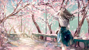 女孩在櫻花樹下，花瓣飄落，寧靜的公園場景。