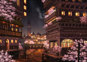 夜晚，櫻花飄過運河，建築物散發出溫暖的光芒。