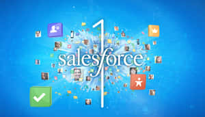 Salesforce 標誌被藍色數位背景上的浮動圖標和面孔包圍。