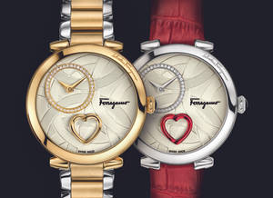 兩款 Ferragamo 手錶，帶有心形圖案和鑽石細節。