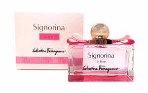 Salvatore Ferragamo Signorina in fiore 香水瓶和盒子，粉紅色和金色。