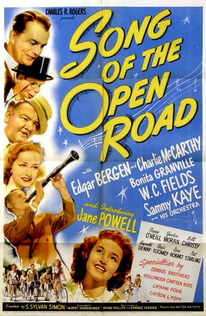《Song of the Open Road》復古電影海報，有微笑的演員和騎單車者。