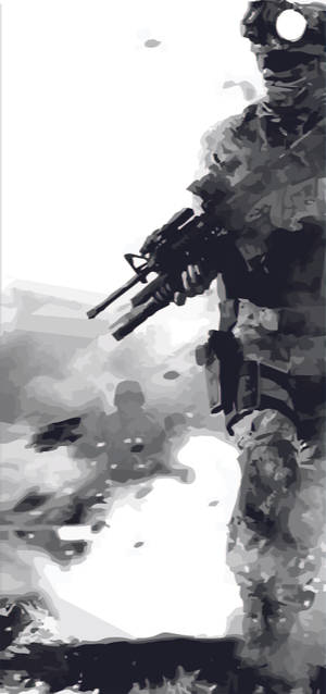 士兵身穿戰鬥裝備，在單色戰場場景中持步槍