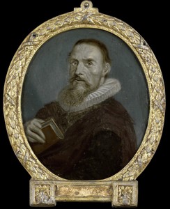 Samuel Ampzing肖像，哈勒姆牧師兼詩人，由Arnoud van Halen創作，創作於1700年至1732年，材質為錫板、油畫顏料及灰階畫法。下載此藝