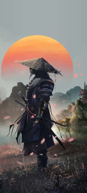 穿著暗色盔甲和草帽的武士戰士站在一個巨大的橙色太陽下，櫻花飄落。