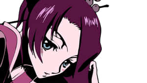 紫髮藍眼的動漫女孩若有所思地向下看。 — 武士 壁紙