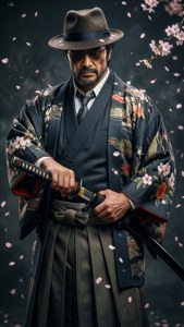一名身穿花卉和服、戴著軟呢帽的男子，櫻花飄落，手持武士刀。