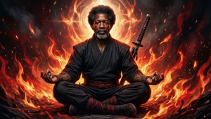 一名身穿黑色長袍的男子在火焰包圍下平靜地冥想，身旁放著一把武士刀。