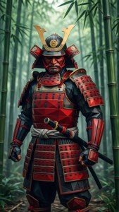 紅黑盔甲武士在竹林中持刀