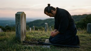 武士在黃昏時分於墓前鞠躬，劍放在身旁。