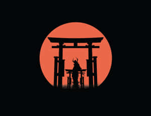 武士站在鳥居前，背景是發光的橙色太陽。