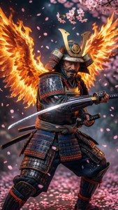 擁有火焰翅膀的武士在櫻花下持刀