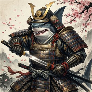 鯊魚戰士穿著精細的武士鎧甲，握著武士刀，周圍櫻花飄落。