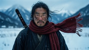 一位穿著冬季裝備的武士戰士，背著劍，站在白雪覆蓋的山地田野中。