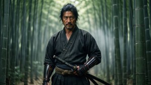 一個武士在竹林中持劍。