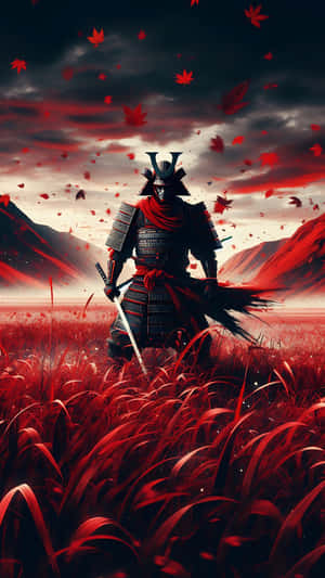 武士在紅草中，楓葉飄落，暴風雨天空